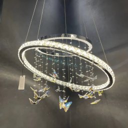 Lustra LED suspendata 50W cu telecomanda, 2 cercuri, cristale, crom lucios