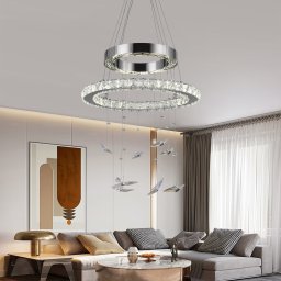 Lustra LED suspendata 36W cu telecomanda, 2 cercuri cristal, dimabila, crom