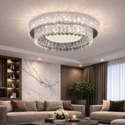 Lustra LED cu telecomanda LLC153/500CH, cristal si metal, 59W, dimabila, 1 cerc