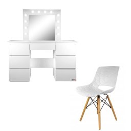 Masa de toaleta/machiaj + scaun Lars, alba, cu oglinda si LED-uri, Vanessa, 130x43x143 cm