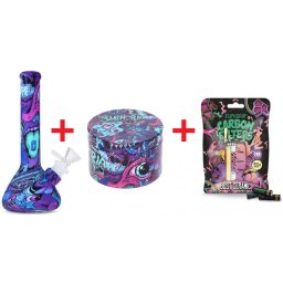 Euphoria Set Psychedelic Skull Bong silicon 19cm + Grinder 4 Parti Ø63mm + Filtre cu carbune activ Ceramic Slim 7mm x50