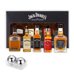 Set cadou cu miniaturi whisky Jack Daniel's Tennessee 5 x 50 ml și 2 sfere gheață inox
