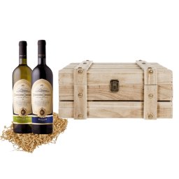 Pachet Cadou Premium cu 2 Vinuri Segarcea Merlot si Sauvignon Blanc in Cutie Lemn