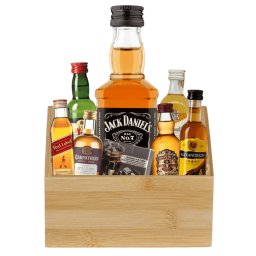 Pachet cu o selectie rafinata de mini bauturi spirtoase si cutie de bambus