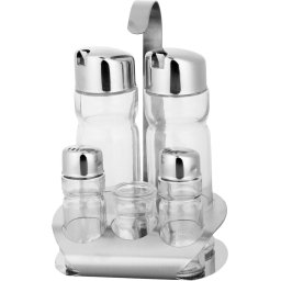 Set condimente MagicHome cu suport din inox, 5 piese din sticla