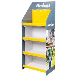 Stand de prezentare din carton Rebel cu 4 rafturi si carlige, finisaj mat