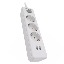 Prelungitor Philips cu 3 prize si 2 porturi USB, cablu 2 m, alb