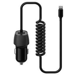 Incarcator auto 3.4A cu cablu spiralat Lightning, dublu USB