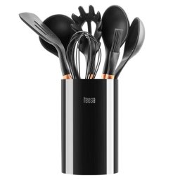 Set ustensile de bucatarie Teesa din silicon si lemn, cu suport inclus