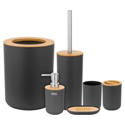 Set 6 accesorii baie Teesa, negru cu bambus, dozator 330 ml, cos 6 L