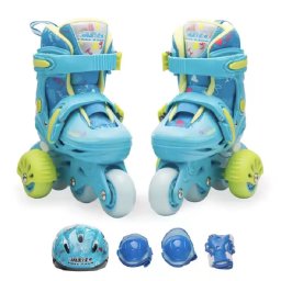 Role copii LW-R6BTS, 25 - 28 albastru S, cu roti ajutatoare, cu accesorii de protectie, masuri reglabile