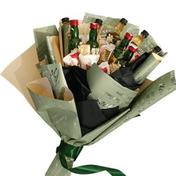 Buchet Cadou pt Bărbați Premium Mix, 10 Miniaturi Jack Daniel's și J&B, Selecție Dulciuri Fine, Verde Smarald și Negru FEIS603002