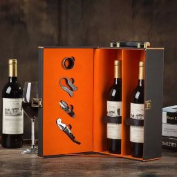 Cutie de vin Deluxe pentru 2 sticle cu accesorii de vin incluse interior oranj