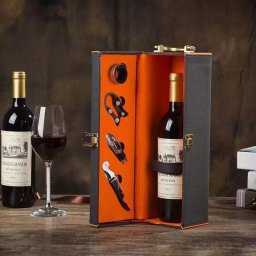 Cutie de vin Deluxe pentru 1 sticla cu accesorii de vin incluse interior oranj