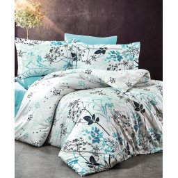 Lenjerie de pat din bumbac 100%, dubla, cu 2 fete de perna, Valentini Bianco, Blue Garden