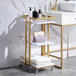 CMAU204 - Carucior 43 cm, cu Rafturi si Roti, masuta manichiura, ucenic cosmetica, masa coafor, masuta auxiliara - Auriu cu Alb sau Negru