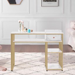 MANIAU210 - Masuta manichiura, 110 cm, birou, masa cosmetica pentru salon cu 1 Sertar si Tavita - Alb - Auriu