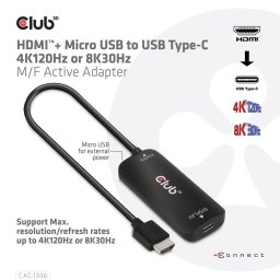 Adapter Club3D CAC-1336 HDMI™+ Micro USB to USB Type-C 4K120Hz or 8K30Hz M/F Active Adapter