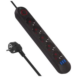 Prelungitor Maclean power strip, 5 socket extension cable + 3xUSB, 110-240V AC 50/60Hz, 2.1A max 2500W, 1.5m, black, MCE395 B