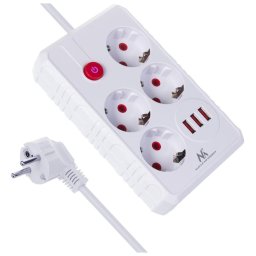 Prelungitor Maclean power strip, 4-socket extension cable + 3xUSB, 110-240V AC 50/60Hz, 2.1A max 2500W, 1.5m, white, MCE392 W