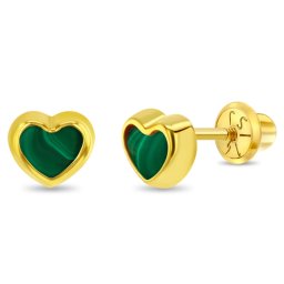 Cercei din Aur 14K pentru Copii – Inimioara cu Malachit Verde, inchidere cu Filet si Protectie