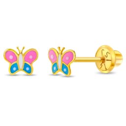 Cercei din Aur 14K pentru Copii – Fluture Colorat din Email, inchidere cu Filet si Protectie