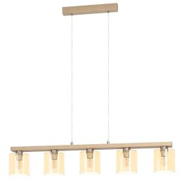 Lustră living Castralvo 98592, 5xE27, L121 cm, lemn deschis, metal nichel și sticlă chihlimbar