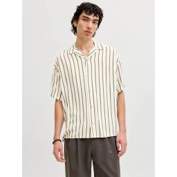 Jack & Jones Camasa cu maneca scurta barbati, Regular Fit, cu imprimeu in dungi, Bej (SELECTATI MARIMEA: 2XL)