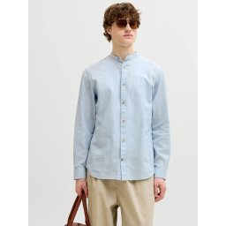 Jack & Jones Camasa cu maneca lunga barbati si guler tunica din amestec de in, Albastru deschis (SELECTATI MARIMEA: M)