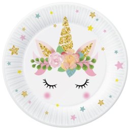 Set de 6 farfurii din carton cu model unicorn și flori - 18 cm