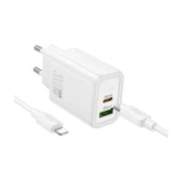 Incarcator retea HOCO N63, 30W, 1x USB-C, 1x USB-A, White + Cablu Lightning