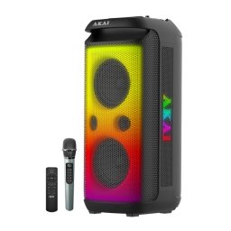Boxa portabila activa Akai Party Speaker 600, 120 W, Bluetooth, USB, functie Karaoke, lumini dinamice, rezistenta la apa IPX4, negru, microfon, telecomanda