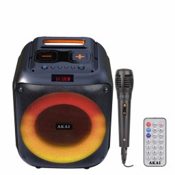 Boxa portabila activa Akai ABTS-V30, 40 W, Bluetooth, USB, slot card microSD / TF, Aux in, functie Karaoke, functie TWS, lumini dinamice, negru, microfon, telecomanda