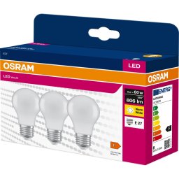 Set de 3 becuri LED A60, soclu E27, 8W, 230V, 3000K - Osram