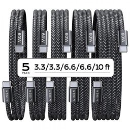 Cablu Date si Incarcare USB-C - USB-C Lisen, 60W, Set 5 bucati (2 x 1m, 2 x 2m, 1 x 3m), Negru YL0123070010