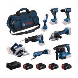 Pachet Bosch - GSB 18V-65 + GDR 18V-215 + GBH 18V-22 + GWS 18V-8 + GKS 18V-57-2 + GSA 18V-28 + GOP 18V-34 + GLI 18V-300 - Masina de gaurit si insurubat cu percutie, 65 Nm + Masina de insurubat cu impact, 215 Nm, M6-M16 + Rotopercutor SDS-Plus, 1.9 J + Pol