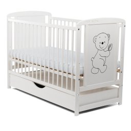 Babyneeds - Patut din lemn Timmi 120x60 cm, Cu sertar cu capac, Din lemn de pin si mdf, Stabil si rezistent, Inaltime saltea reglabila pe 3 nivele, Laterala cu 3 bete detasabile, EN716-1, EN716-2, Alb