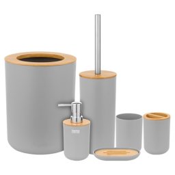 Set 6 accesorii pentru baie Teesa, gri cu bambus, dozator 330 ml, cos 6 L