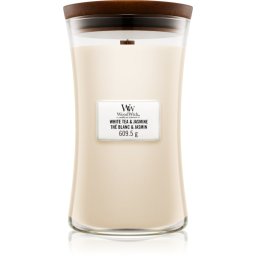 Woodwick White Tea & Jasmine lumânare parfumată cu fitil din lemn 609.5 g
