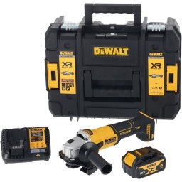 Polizor unghiular (flex) pe acumulator DeWALT DCG407M1T, 18V XR, motor fara perii, 9000 RPM, diametru disc 125 mm, prindere M14, 1x acumulator Li-Ion 4 Ah, frana electronica, ambreiaj electronic, profil ingust, deflector de praf, cutie TSTAK