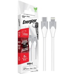 Cablu de date Energizer, USB-C la Lightning, Power Delivery 18W, compatibil Apple, lungime 2m, Alb