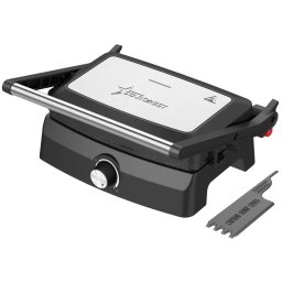 Sandwich-maker Grill Panini STARCREST SGR-2520BX, 1000 W, Placi cu invelis ceramic, Temperatura ajustabila, Deschidere la 180 , Suprafata de gatire 23 x 14.5 cm, Spatula curatare, Negru Inox
