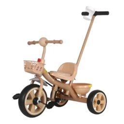 Tricicleta cu maner parental detasabil, NBW, roti silentioase EVA si doua cosuri, 2-5 ani, Crem