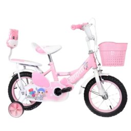 Bicicleta 16 inch cu doua locuri, NBW, roti ajutatoare, frane si cos de jucarii, 4-6 ani, Roz