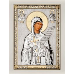 Icoana argintata Sfanta Cuvioasa Parascheva rama alba (Dimensiune icoana: 16,5 x 21 cm)
