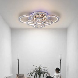 Lustra LED LIA 182W cu telecomanda, cristale, RGB, 8 cercuri, alb-crom
