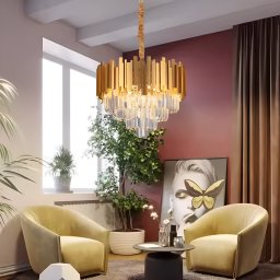 Candelabru BLOIS Petito auriu lucios cu cristale, 3xE14, Ø30 cm, înaltime reglabila