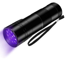 Lanterna UV 385nm cu 12 LED-uri, IP54, din aluminiu, neagra, cu curea