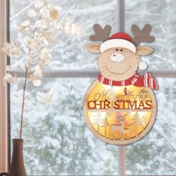 Decoratiune ren din lemn cu LED alb cald si temporizator, 21 cm, pentru fereastra/usa