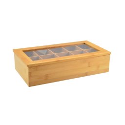Cutie din bambus pentru depozitare plicuri de ceai, 10 compartimente, cu capac